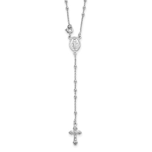 Sterling Silver Rhodium-plated Polished Beaded Rosary Necklace, 18"