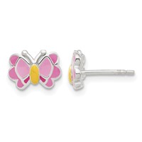 Sterling Silver Polished & Pink Orange Enameled Butterfly Earrings & Necklace Set, 14" view 2