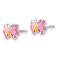Sterling Silver Polished & Pink Orange Enameled Butterfly Earrings & Necklace Set, 14" view 3