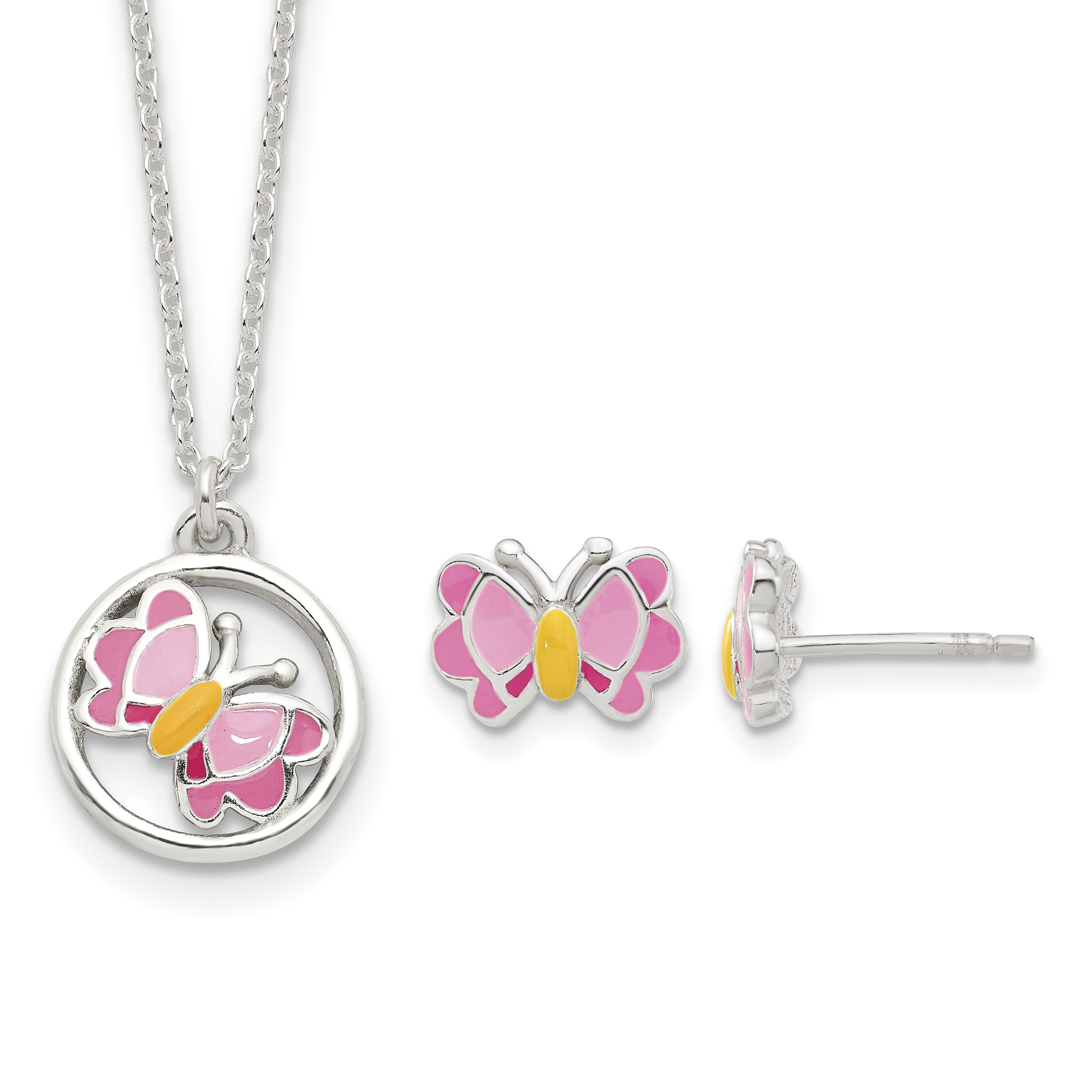 Sterling Silver Polished & Pink/Orange Enameled Butterfly Children's Earrings & 14in Necklace Set (QH5353SET)