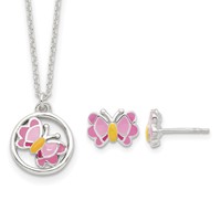 Sterling Silver Polished & Pink Orange Enameled Butterfly Earrings & Necklace Set, 14" view 1