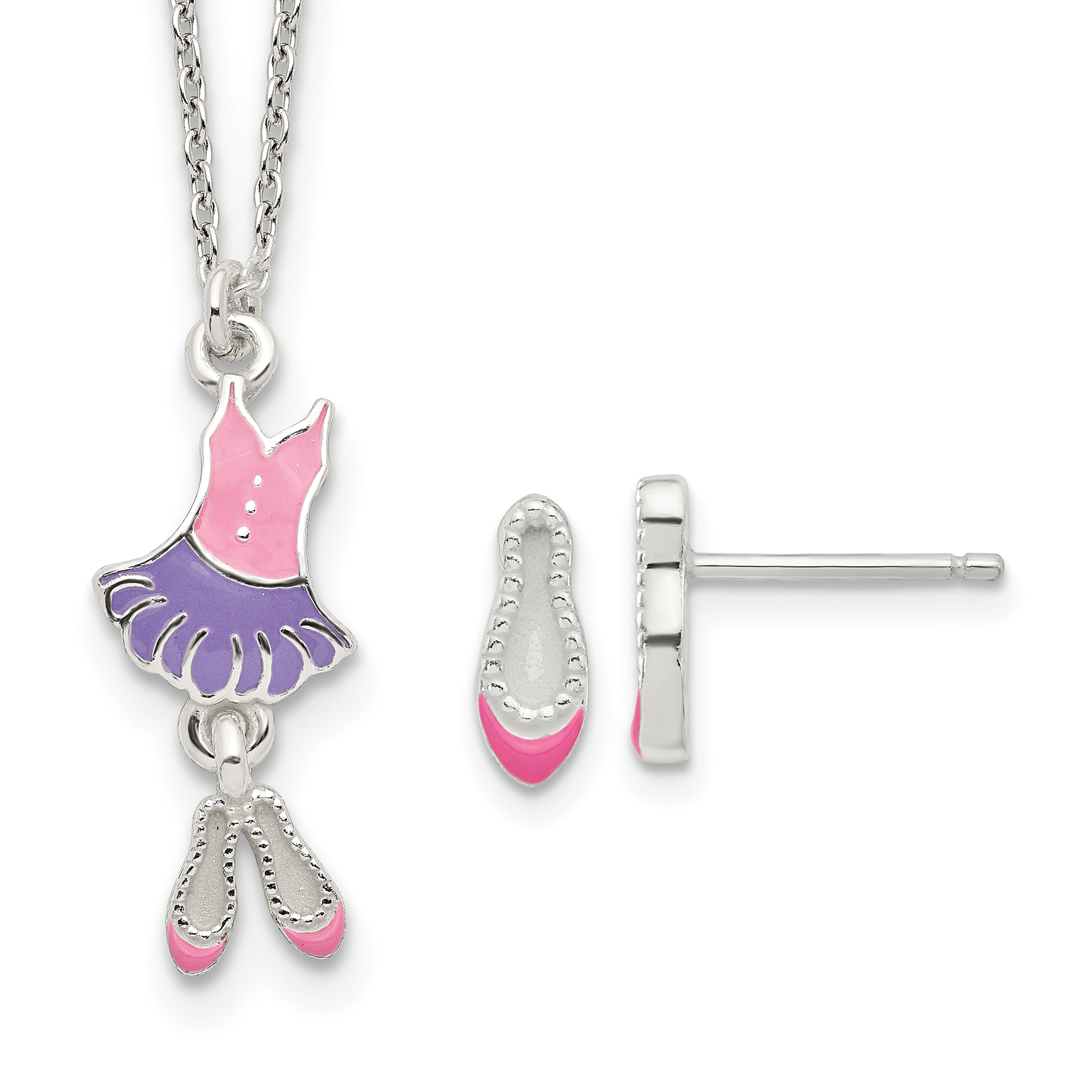 Sterling Silver Polished & Enameled Ballerina Children's 14in Necklace & Earring Set (QH5354SET)