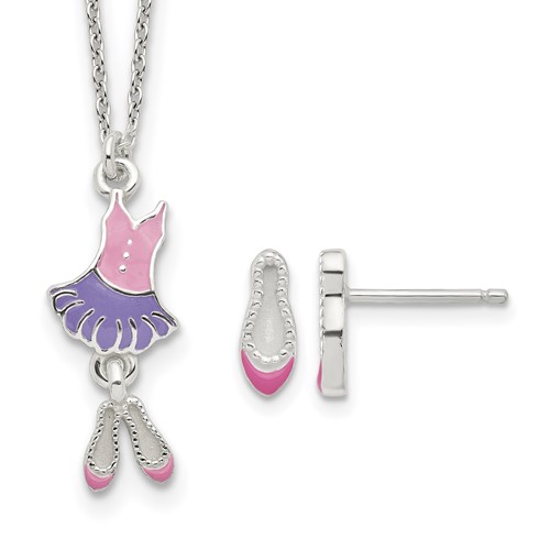Sterling Silver Polished & Enameled Ballerina 14in Necklace and Ballet Shoes Earring Set