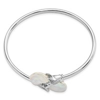 Sterling Silver Rhodium-plated 16-17mm White Keshi Freshwater Cultured Pearl and CZ Flexible Bangle view 2