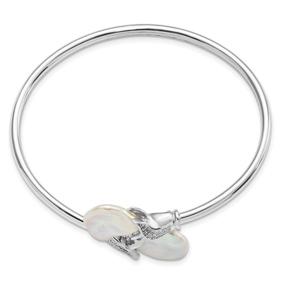 Sterling Silver Rhodium-plated 16-17mm White Keshi Freshwater Cultured Pearl and CZ Flexible Bangle