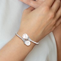 Sterling Silver Rhodium-plated 16-17mm White Keshi Freshwater Cultured Pearl and CZ Flexible Bangle view 4
