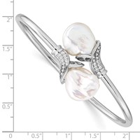 Sterling Silver Rhodium-plated 16-17mm White Keshi Freshwater Cultured Pearl and CZ Flexible Bangle view 3