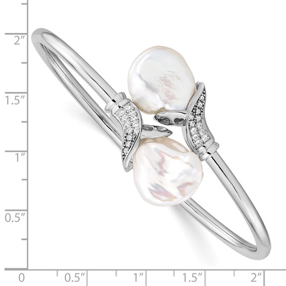 Sterling Silver Rhodium-plated 16-17mm White Keshi Freshwater Cultured Pearl and CZ Flexible Bangle