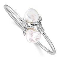 Sterling Silver Rhodium-plated 16-17mm White Keshi Freshwater Cultured Pearl and CZ Flexible Bangle view 1