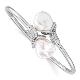 Sterling Silver Rhodium-plated 16-17mm White Keshi Freshwater Cultured Pearl and CZ Flexible Bangle