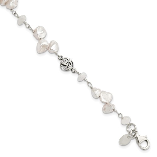 Sterling Silver 7-8mm White Keshi Freshwater Cultured Pearl and Moonstone Bracelet with 1 Inch Extension, 7.5"