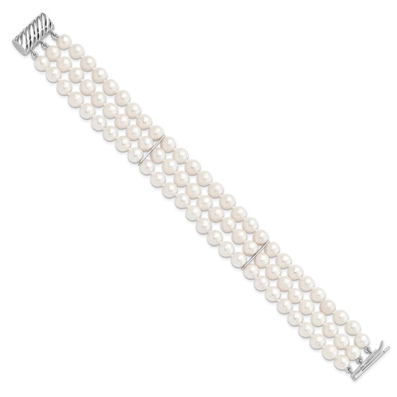 Sterling Silver Rhodium-plated 6-7mm White Near-Round Freshwater Cultured Pearl 3-Strand 7.5 inch Bracelet
