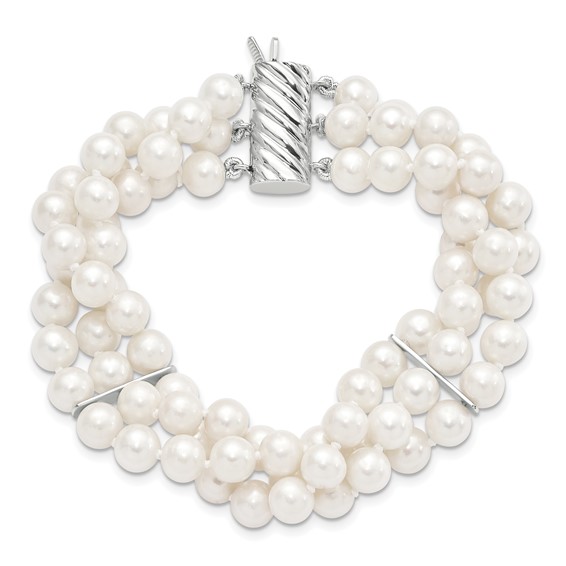 Sterling Silver Rhodium-plated 6-7mm White Near-Round Freshwater Cultured Pearl 3-Strand 7.5 inch Bracelet