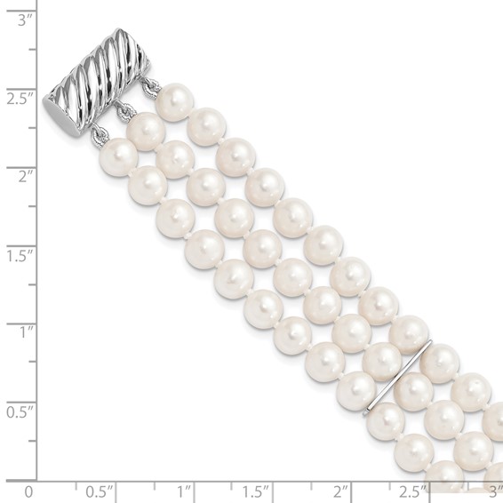 Sterling Silver Rhodium-plated 6-7mm White Near-Round Freshwater Cultured Pearl 3-Strand 7.5 inch Bracelet