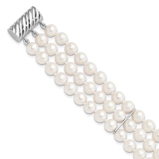 Sterling Silver Rhodium-plated 6-7mm White Near-Round Freshwater Cultured Pearl 3-Strand 7.5 inch Bracelet