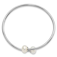 Sterling Silver Rhodium-plated 9-10mm White Button Freshwater Cultured Pearl Flexible Cuff Bangle view 2