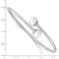 Sterling Silver Rhodium-plated 9-10mm White Button Freshwater Cultured Pearl Flexible Cuff Bangle view 3