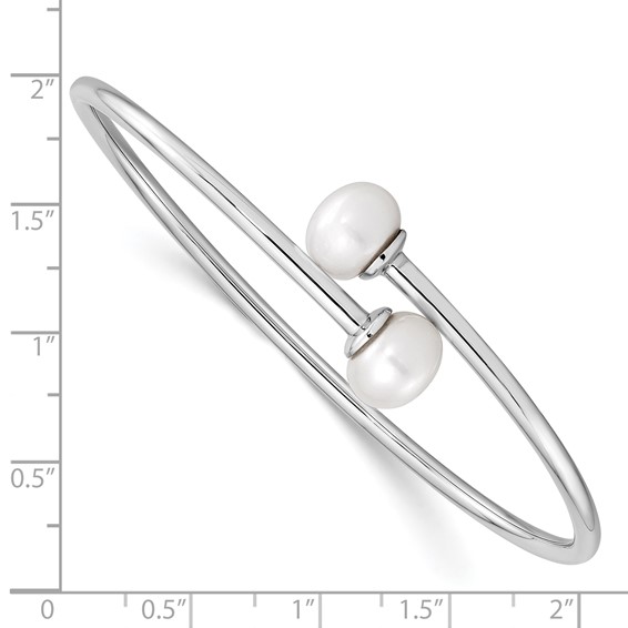 Sterling Silver Rhodium-plated 9-10mm White Freshwater Cultured Pearl Flexible Cuff Bangle