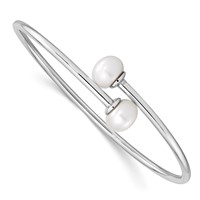 Sterling Silver Rhodium-plated 9-10mm White Button Freshwater Cultured Pearl Flexible Cuff Bangle view 1