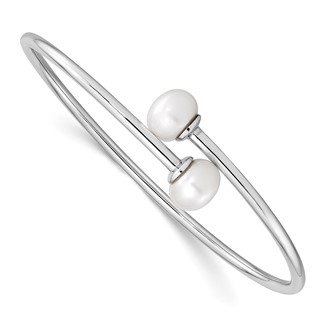 Sterling Silver Rhodium-plated 9-10mm White Freshwater Cultured Pearl Flexible Cuff Bangle
