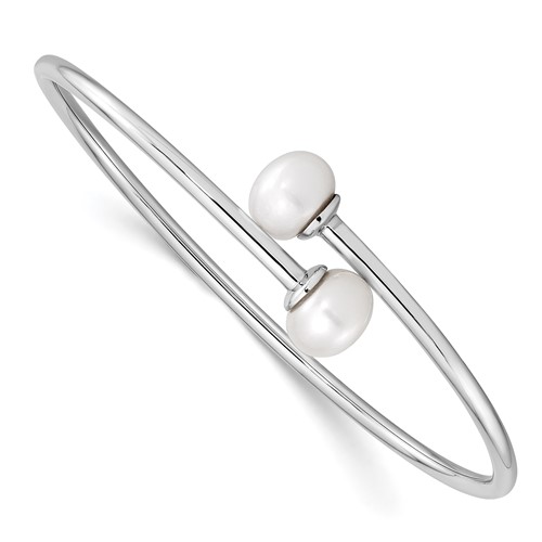 Sterling Silver Rhodium-plated 9-10mm White Button Freshwater Cultured Pearl Flexible Cuff Bangle