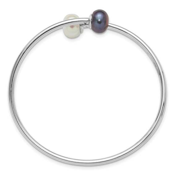 Sterling Silver Rhodium-plated 9-10mm Black and White Freshwater Cultured Pearl Flexible Cuff Bangle