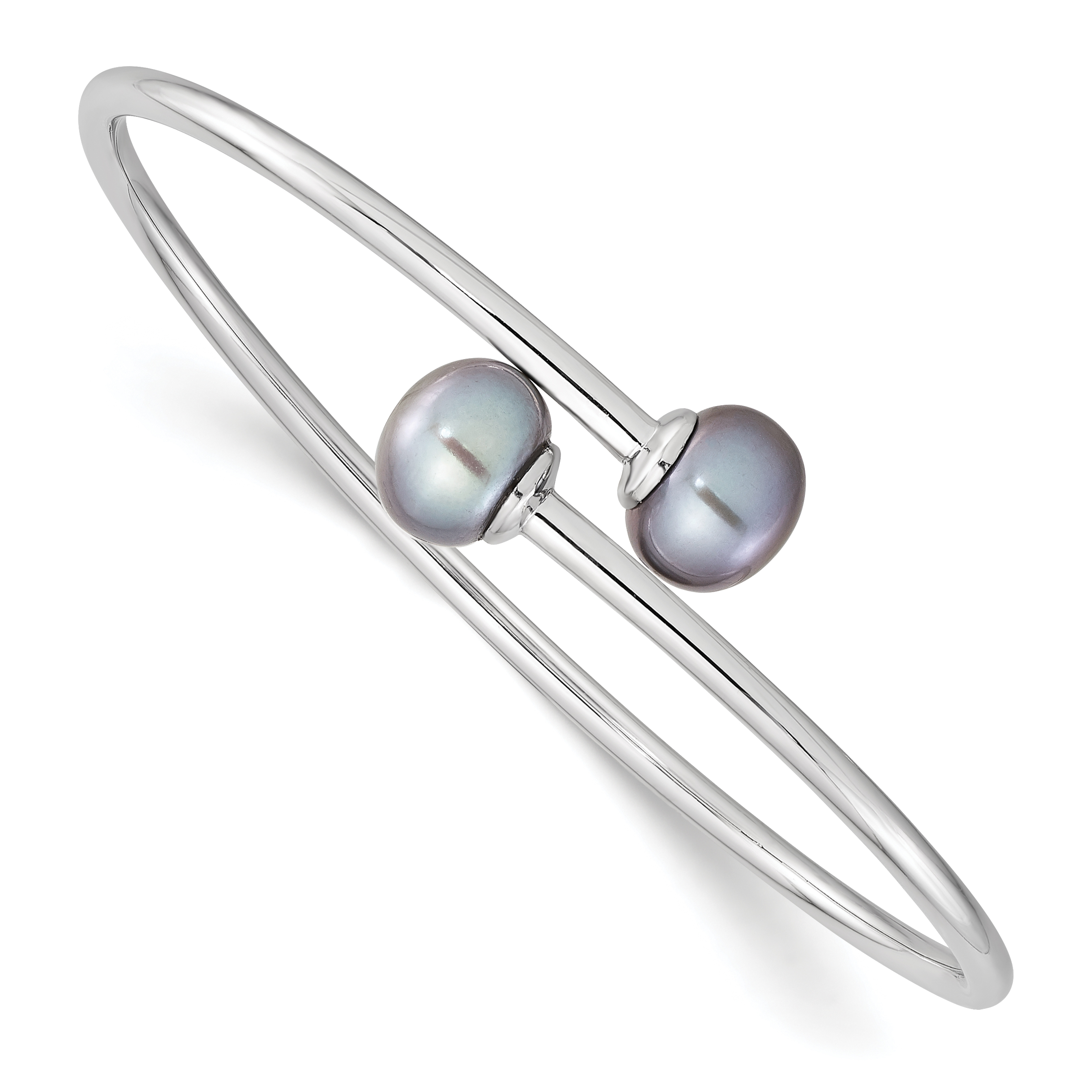 Sterling Silver Rhodium-plated 9-10mm Grey Button Freshwater Cultured Pearl Flexible Cuff Bangle (QH5368G)