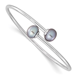 Sterling Silver Rhodium-plated 9-10mm Grey Button Freshwater Cultured Pearl Flexible Cuff Bangle