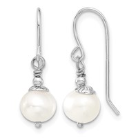 Sterling Silver Rhodium-plated 7-8mm White Semi-Round Freshwater Cultured Pearl Necklace and Dangle Earrings Set, 18" view 2