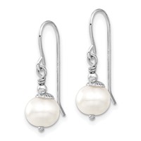 Sterling Silver Rhodium-plated 7-8mm White Semi-Round Freshwater Cultured Pearl Necklace and Dangle Earrings Set, 18" view 3