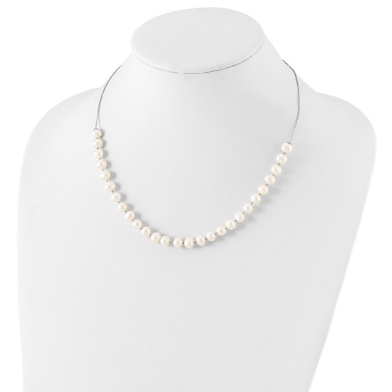 Sterling Silver Rhodium-plated 7-8mm White Semi-Round Freshwater Cultured Pearl 18 inch Necklace and Dangle Earrings Set