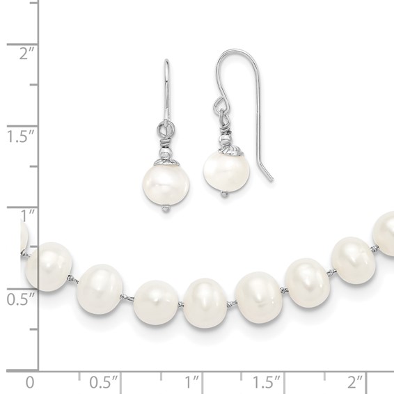 Sterling Silver Rhodium-plated 7-8mm White Semi-Round Freshwater Cultured Pearl 18 inch Necklace and Dangle Earrings Set