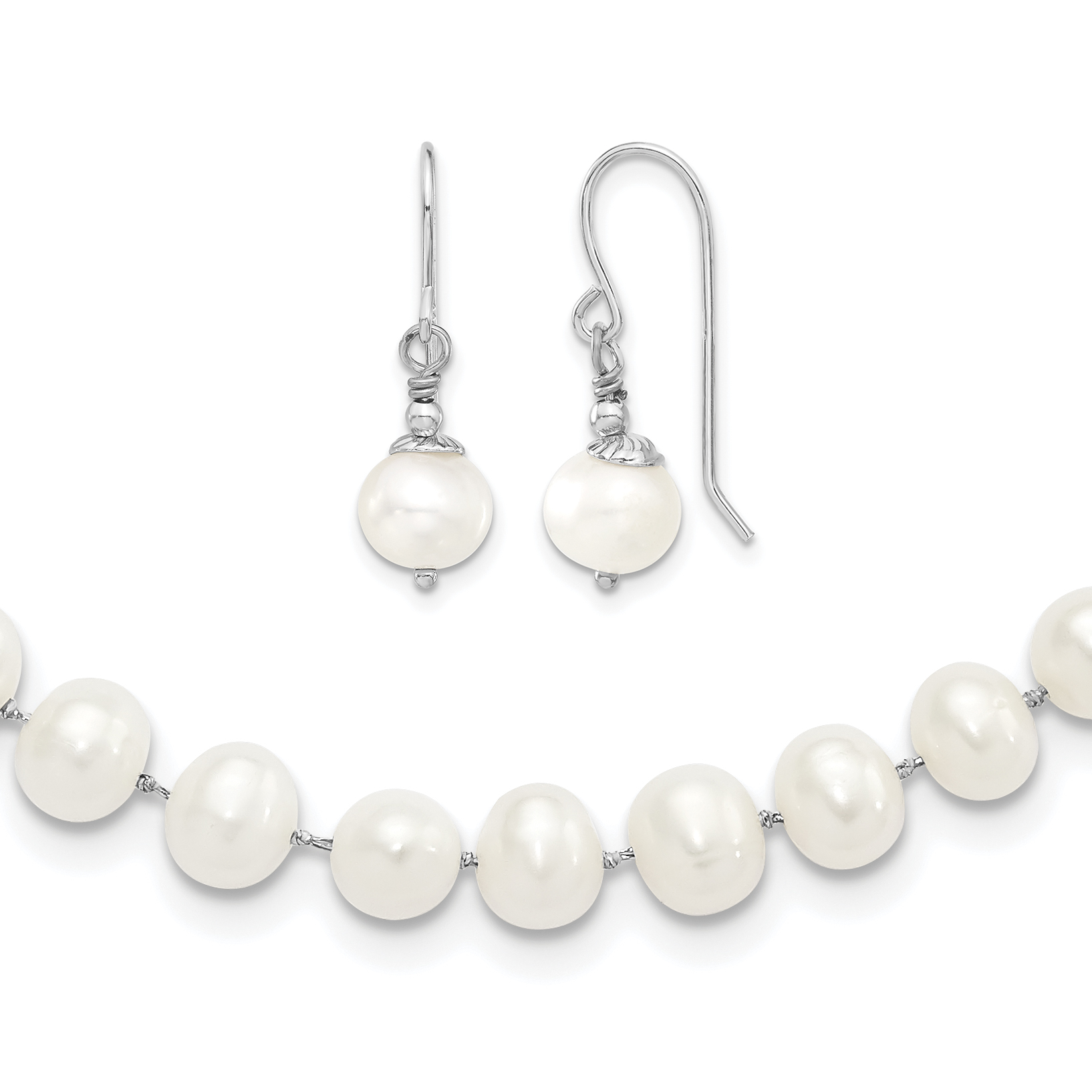 Sterling Silver Rhodium-plated 7-8mm White Semi-Round Freshwater Cultured Pearl 18 inch Necklace and Dangle Earrings Set (QH5369SET)