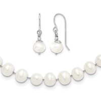 Sterling Silver Rhodium-plated 7-8mm White Semi-Round Freshwater Cultured Pearl Necklace and Dangle Earrings Set, 18" view 1