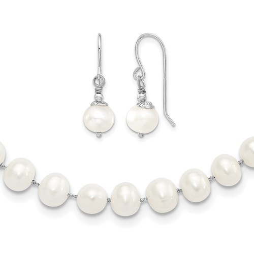 Sterling Silver Rhodium-plated 7-8mm White Semi-Round Freshwater Cultured Pearl Necklace and Dangle Earrings Set, 18"
