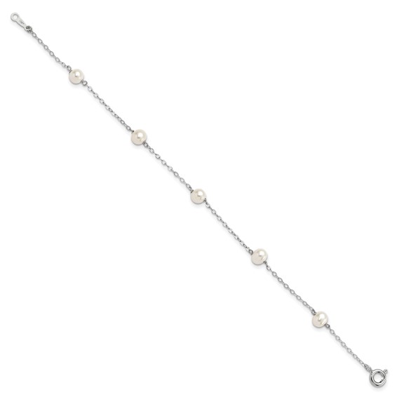 Sterling Silver Rhodium-plated 4-5mm White Semi-Round Freshwater Cultured Pearl 5-Station 7 inch Bracelet