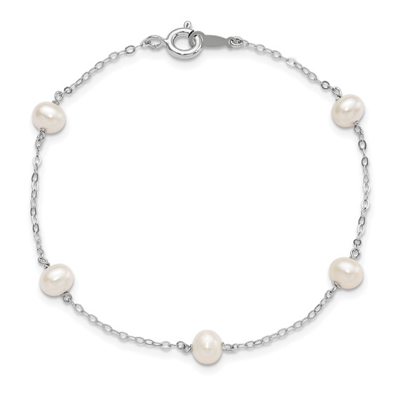 Sterling Silver Rhodium-plated 4-5mm White Semi-Round Freshwater Cultured Pearl 5-Station 7 inch Bracelet