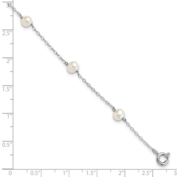 Sterling Silver Rhodium-plated 4-5mm White Semi-Round Freshwater Cultured Pearl 5-Station 7 inch Bracelet