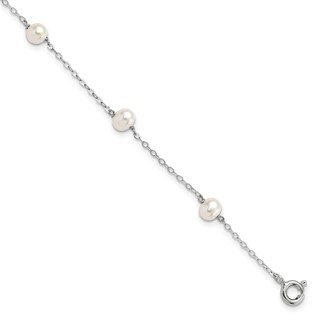 Sterling Silver Rhodium-plated 4-5mm White Semi-Round Freshwater Cultured Pearl 5-Station 7 inch Bracelet