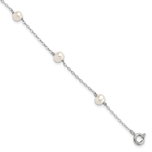 Sterling Silver Rhodium-plated 4-5mm White Semi-Round Freshwater Cultured Pearl 5-Station Bracelet, 7"