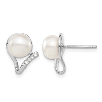 Sterling Silver Rhodium-plated 8-10mm White Button Freshwater Cultured Pearl and CZ and Post Earrings Set, 17" view 2