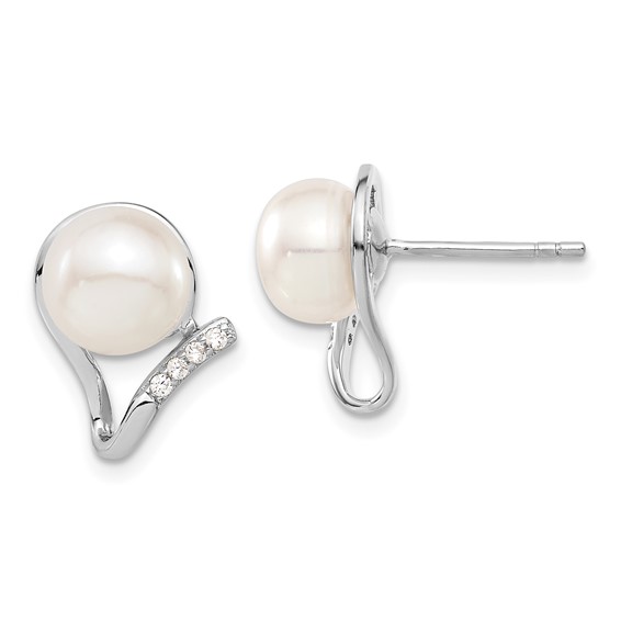 Sterling Silver Rhodium-plated 8-10mm White Button Freshwater Cultured Pearl and CZ 17 inch and Post Earrings Set