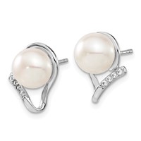 Sterling Silver Rhodium-plated 8-10mm White Button Freshwater Cultured Pearl and CZ and Post Earrings Set, 17" view 3