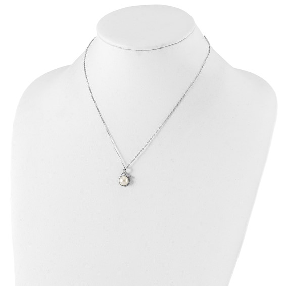 Sterling Silver Rhodium-plated 8-10mm White Button Freshwater Cultured Pearl and CZ 17 inch and Post Earrings Set