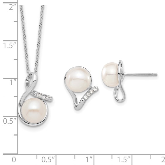 Sterling Silver Rhodium-plated 8-10mm White Button Freshwater Cultured Pearl and CZ 17 inch and Post Earrings Set
