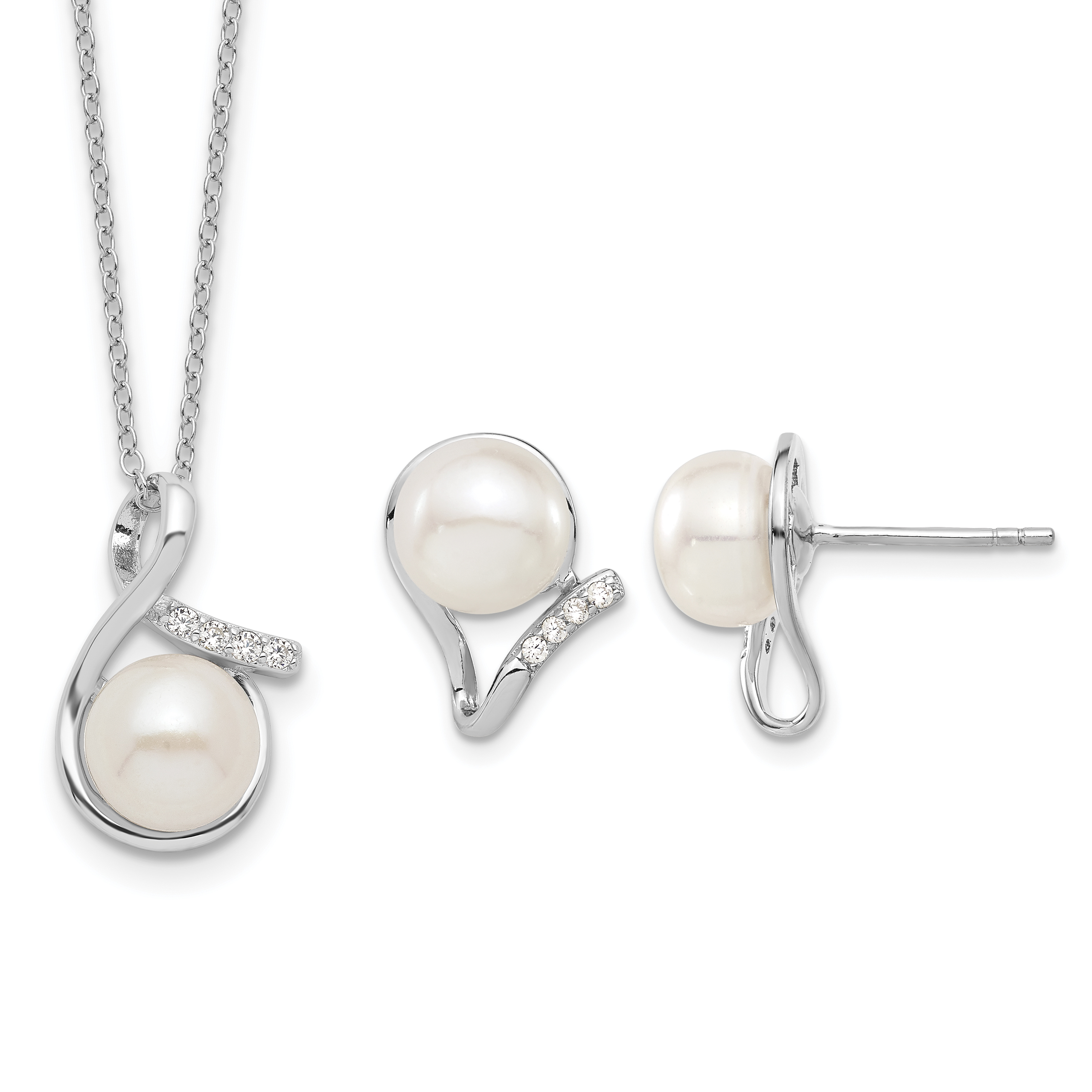 Sterling Silver Rhodium-plated 8-10mm White Button Freshwater Cultured Pearl and CZ 17 inch and Post Earrings Set (QH5373SET)