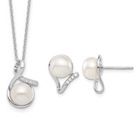 Sterling Silver Rhodium-plated 8-10mm White Button Freshwater Cultured Pearl and CZ and Post Earrings Set, 17" view 1