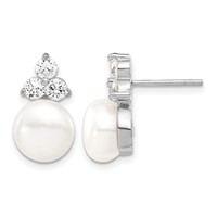 Sterling Silver Rhodium-plated 9-10mm White Button Freshwater Cultured Pearl and CZ and Post Earrings Set, 17" view 2