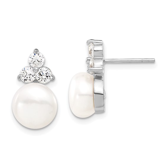 Sterling Silver Rhodium-plated 9-10mm White Button Freshwater Cultured Pearl and CZ 17 inch and Post Earrings Set