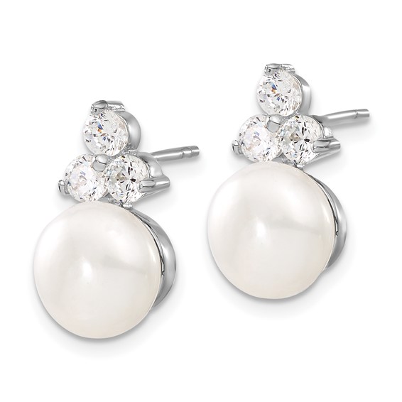 Sterling Silver Rhodium-plated 9-10mm White Button Freshwater Cultured Pearl and CZ 17 inch and Post Earrings Set